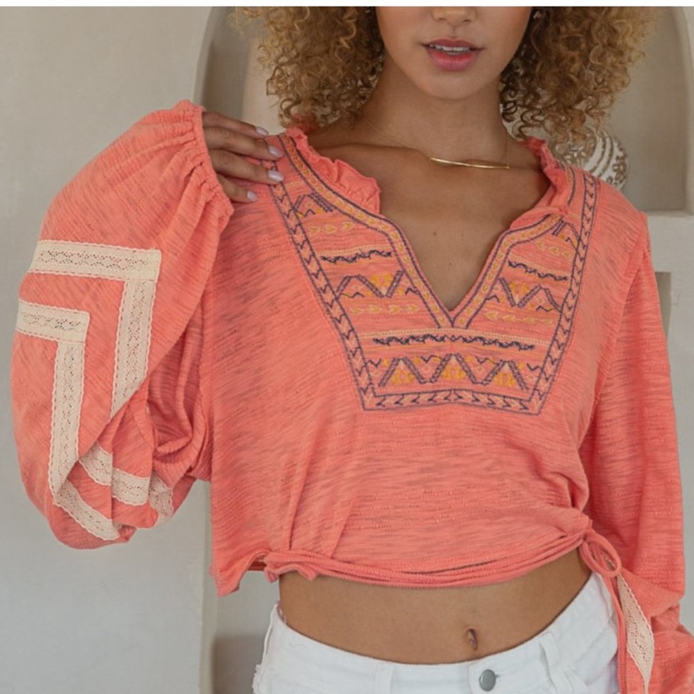 POL Coral Embroidered Crop Poets Blouse long bubble sleeve large boho blouse
